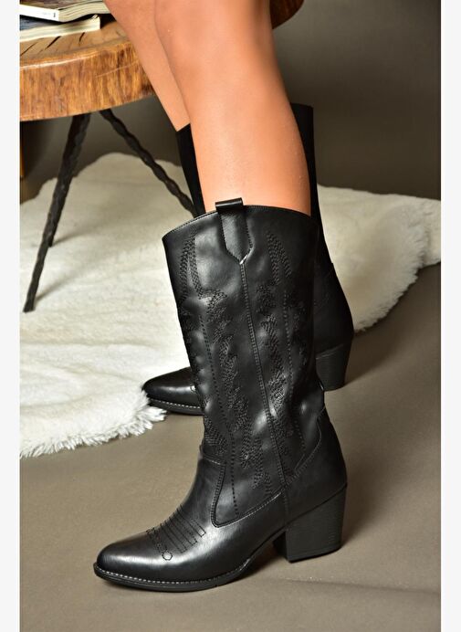 R973934009 Siyah Alçak Topuklu Kadın Çizme - Görsel 3