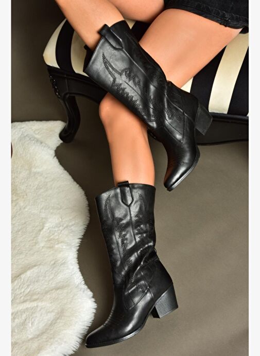 R973934009 Siyah Alçak Topuklu Kadın Çizme - Görsel 5