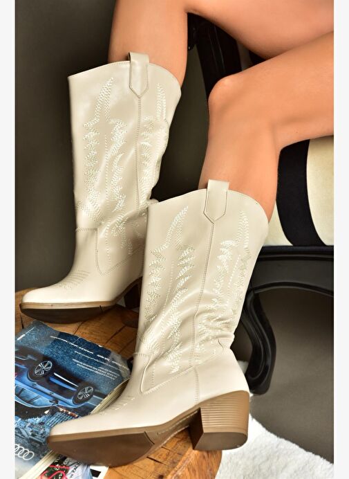 R973934009 Bej Alçak Topuklu Kadın Çizme - Görsel 5