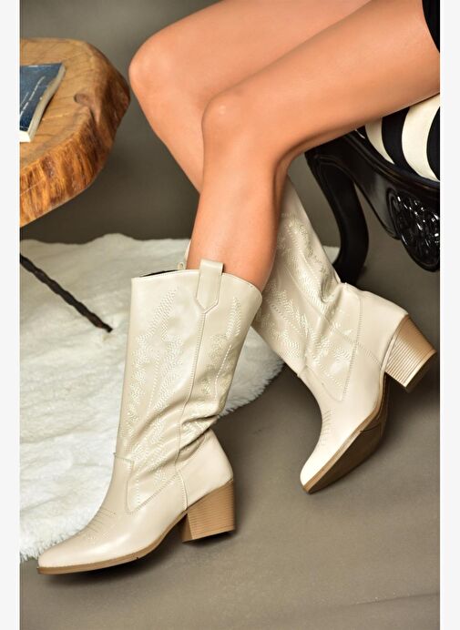 R973934009 Bej Alçak Topuklu Kadın Çizme - Görsel 3