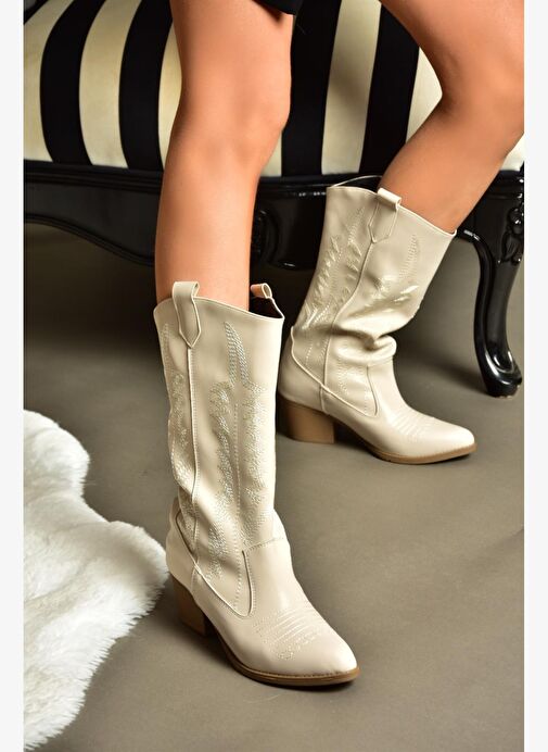 R973934009 Bej Alçak Topuklu Kadın Çizme - Görsel 2