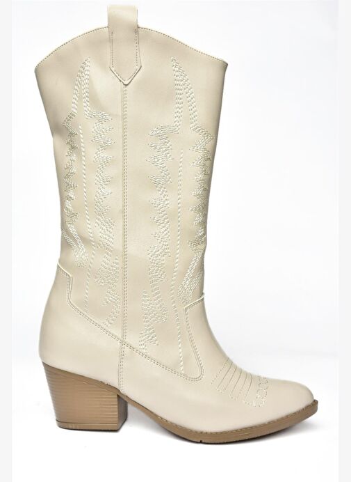 R973934009 Bej Alçak Topuklu Kadın Çizme - Görsel 7