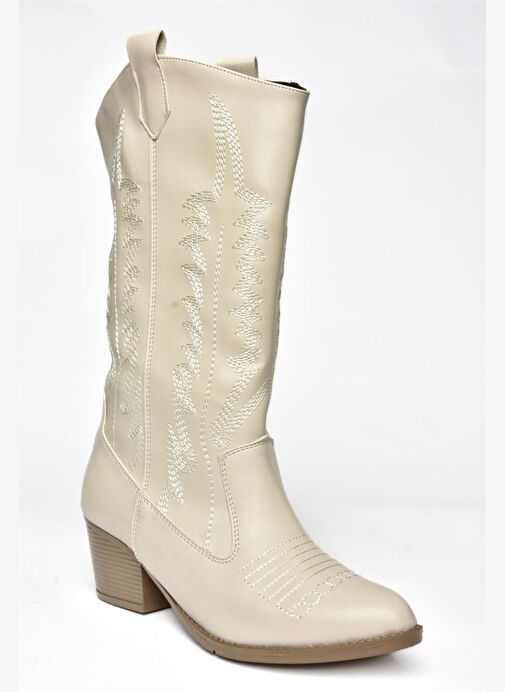 R973934009 Bej Alçak Topuklu Kadın Çizme - Görsel 8