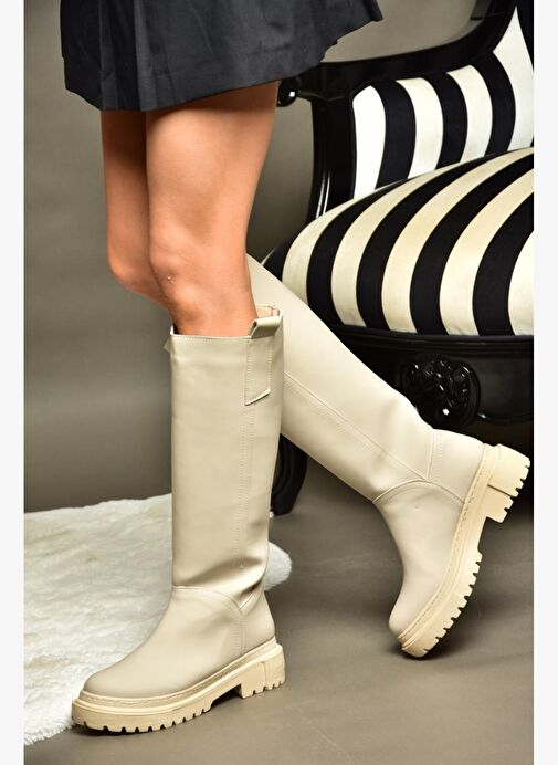 R973201109 Bej Kalın Tabanlı Kadın Çizme - Görsel 4