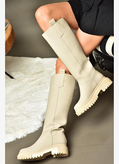 R973201109 Bej Kalın Tabanlı Kadın Çizme - Görsel 5