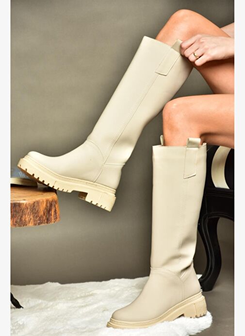 R973201109 Bej Kalın Tabanlı Kadın Çizme - Görsel 2