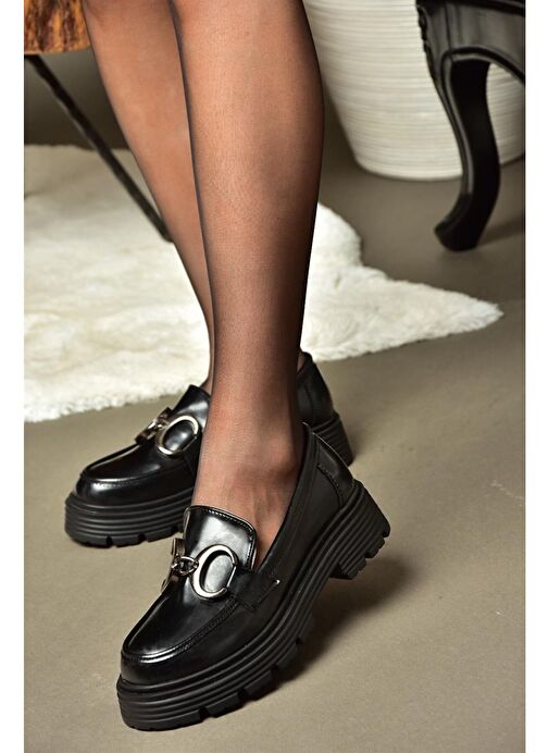 R996090008 Siyah Rugan Kalın Tabanlı Günlük Ayakkabı - Görsel 4