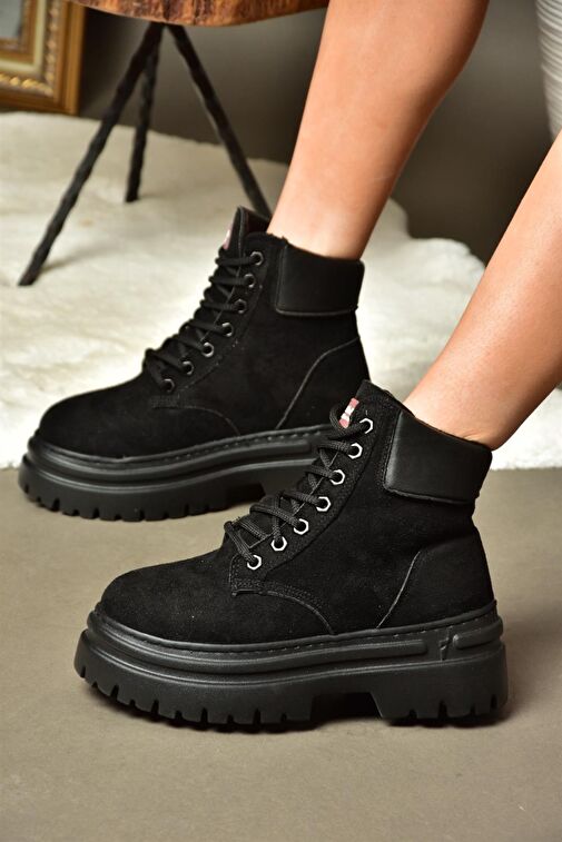 R973988902 Siyah Süet Kalın Tabanlı Kadın Bot - Görsel 2