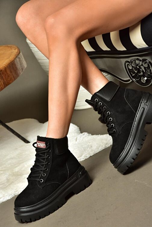 R973988902 Siyah Süet Kalın Tabanlı Kadın Bot - Görsel 3