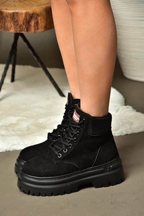 R973988902 Siyah Süet Kalın Tabanlı Kadın Bot - Görsel 4