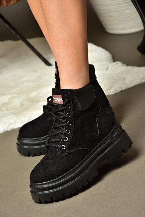 R973988902 Siyah Süet Kalın Tabanlı Kadın Bot - Görsel 5