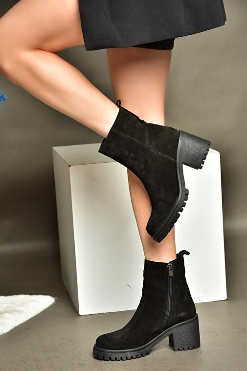 R654006502 Siyah Hakiki Deri Süet Kalın Topuklu Kadın Bot - Görsel 3