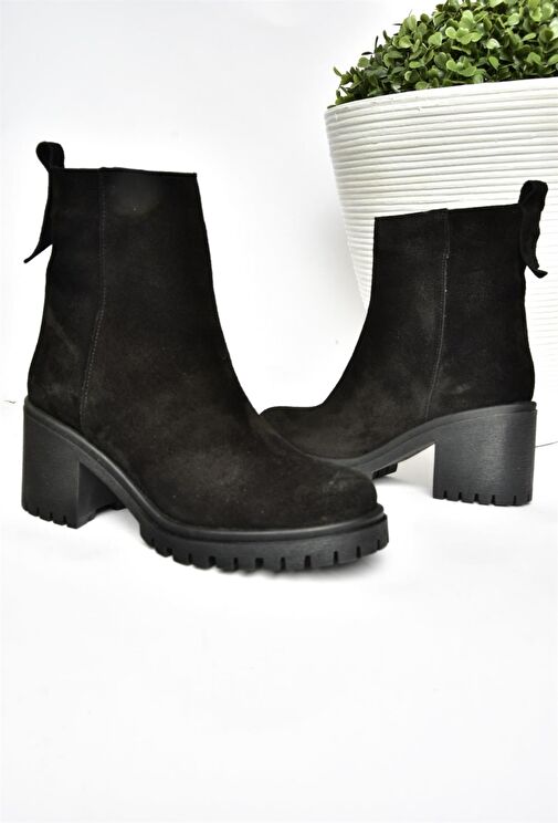 R654006502 Siyah Hakiki Deri Süet Kalın Topuklu Kadın Bot - Görsel 7