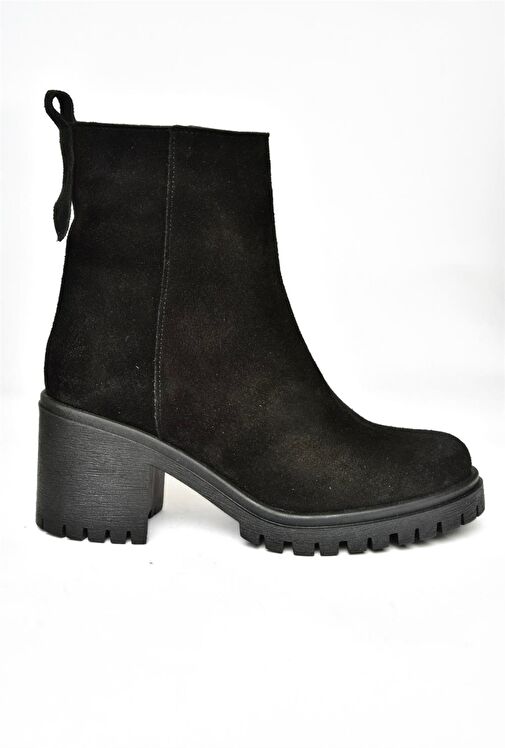 R654006502 Siyah Hakiki Deri Süet Kalın Topuklu Kadın Bot - Görsel 8
