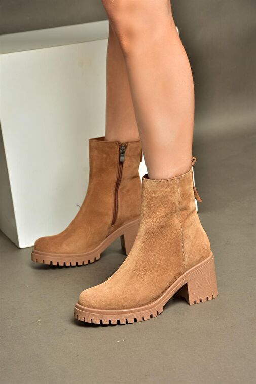 R654006502 Taba Hakiki Deri Süet Kalın Topuklu Kadın Bot - Görsel 5