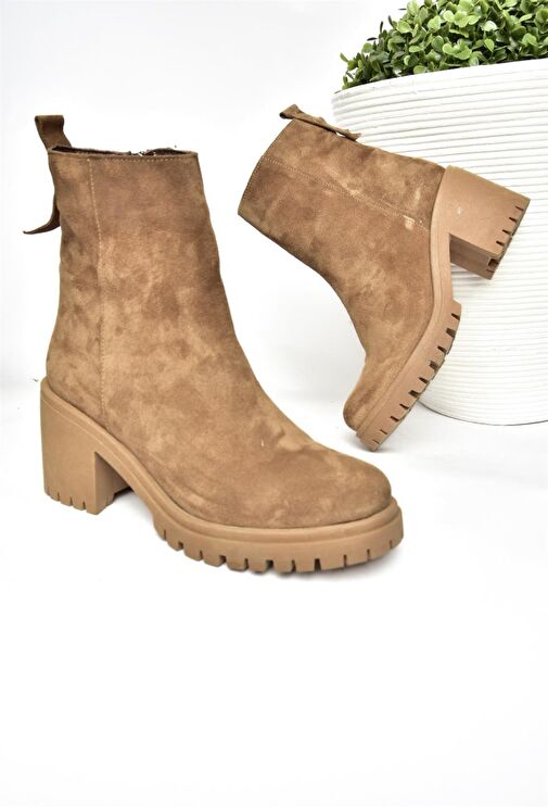 R654006502 Taba Hakiki Deri Süet Kalın Topuklu Kadın Bot - Görsel 6