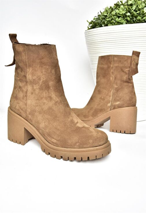 R654006502 Taba Hakiki Deri Süet Kalın Topuklu Kadın Bot - Görsel 7