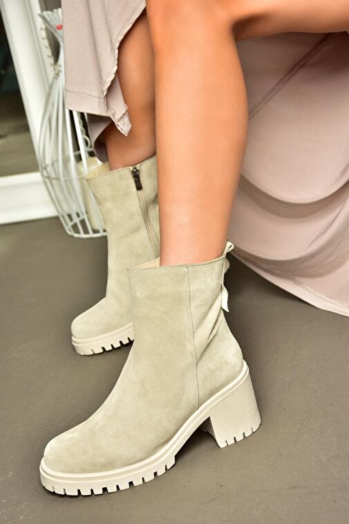 R654006502 Bej Hakiki Deri Süet Kalın Topuklu Kadın Bot - Görsel 4