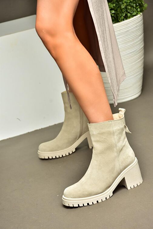 R654006502 Bej Hakiki Deri Süet Kalın Topuklu Kadın Bot - Görsel 5
