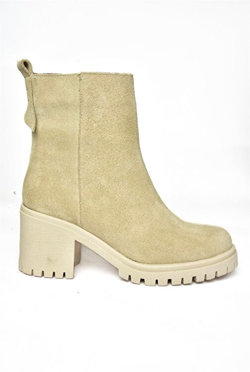 R654006502 Bej Hakiki Deri Süet Kalın Topuklu Kadın Bot - Görsel 7