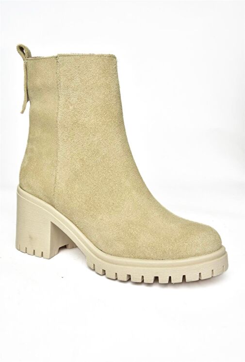 R654006502 Bej Hakiki Deri Süet Kalın Topuklu Kadın Bot - Görsel 8