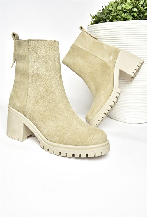 R654006502 Bej Hakiki Deri Süet Kalın Topuklu Kadın Bot - Görsel 9