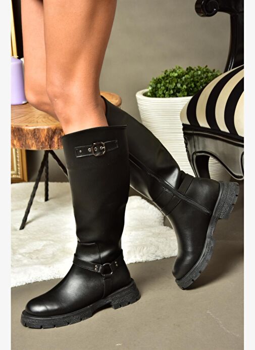 R518296309 Siyah Fermuarlı Kadın Çizme - Görsel 5