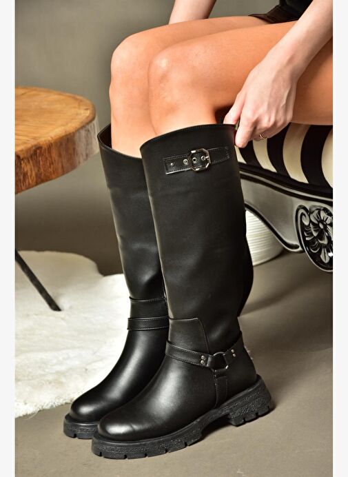 R518296309 Siyah Fermuarlı Kadın Çizme - Görsel 6