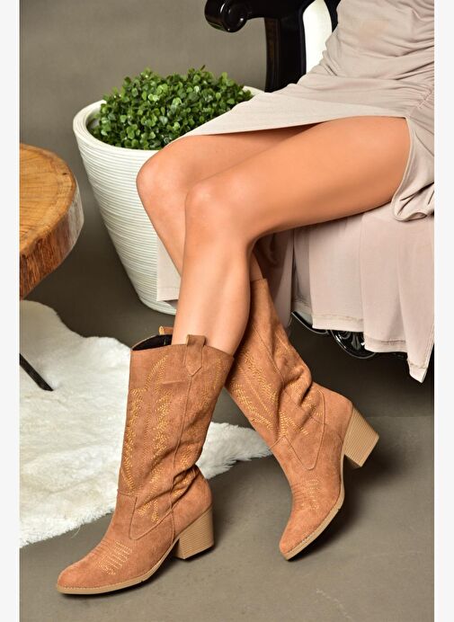 R973934002 Taba Süet Kovboy Model Kadın Çizme - Görsel 2