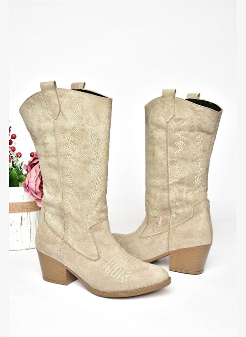 R973934002 Bej Süet Kovboy Model Kadın Çizme - Görsel 7