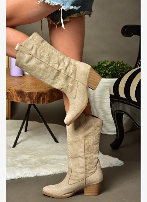 R973934002 Bej Süet Kovboy Model Kadın Çizme - Görsel 4