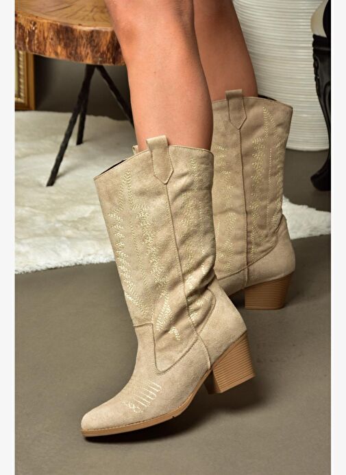 R973934002 Bej Süet Kovboy Model Kadın Çizme - Görsel 5