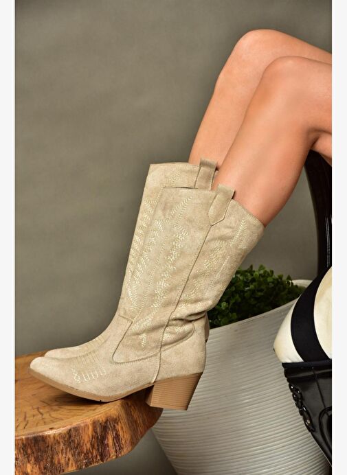 R973934002 Bej Süet Kovboy Model Kadın Çizme - Görsel 2