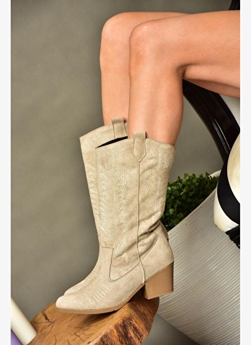 R973934002 Bej Süet Kovboy Model Kadın Çizme - Görsel 3