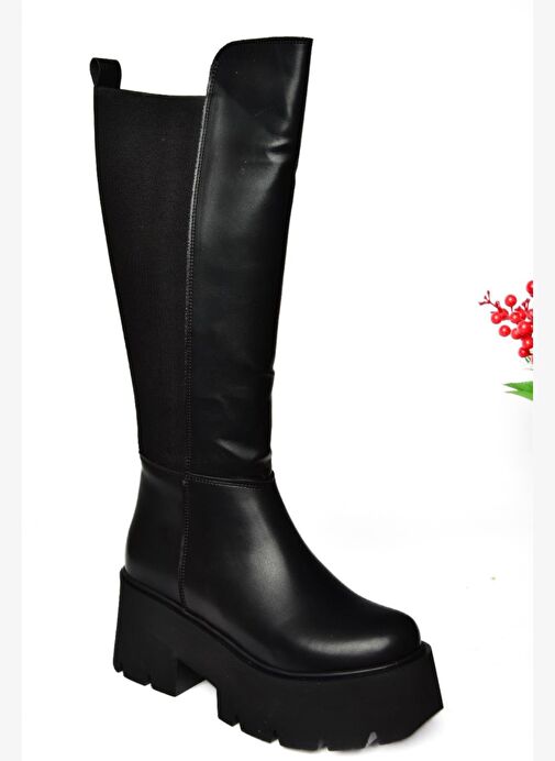 R820060709 Siyah Kalın Tabanlı Arkası Lastik Detaylı Kadın Çizme - Görsel 9