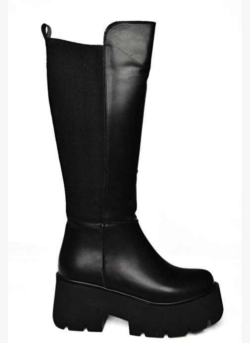 R820060709 Siyah Kalın Tabanlı Arkası Lastik Detaylı Kadın Çizme - Görsel 8