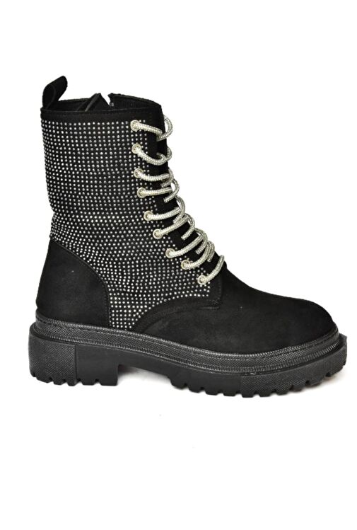 R726543602 Siyah Süet Taş Detaylı Kadın Postal Bot - Görsel 9