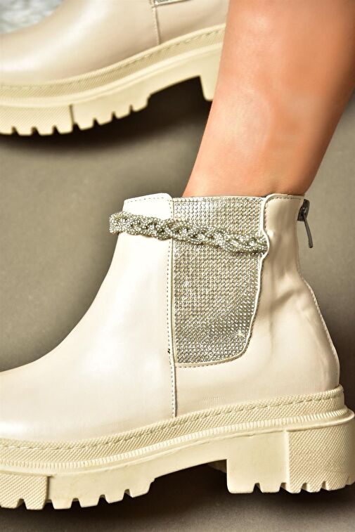 R726418209 Bej Taşlı Kalın Tabanlı Kadın Bot - Görsel 4