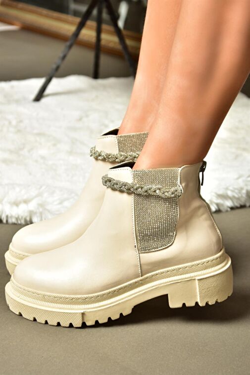 R726418209 Bej Taşlı Kalın Tabanlı Kadın Bot - Görsel 5