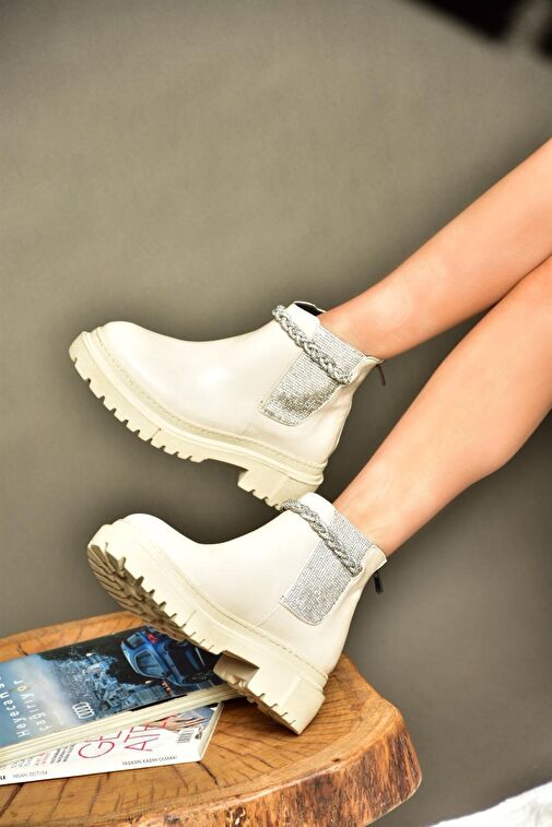 R726418209 Bej Taşlı Kalın Tabanlı Kadın Bot - Görsel 6