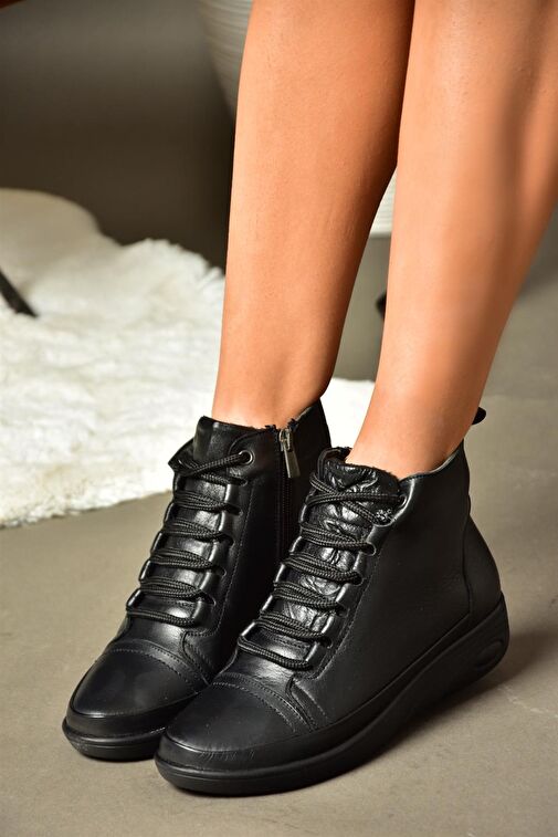 R555001003 Siyah Hakiki Deri Comfort Ortopedik Taban Kadın Bot - Görsel 3