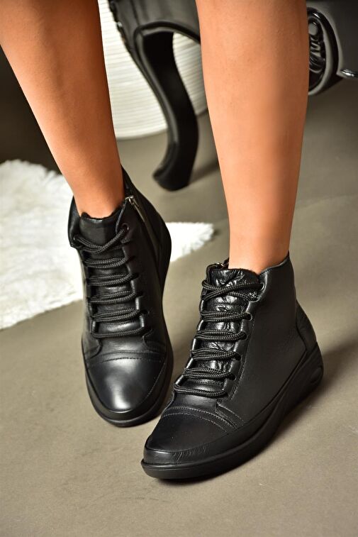 R555001003 Siyah Hakiki Deri Comfort Ortopedik Taban Kadın Bot - Görsel 5