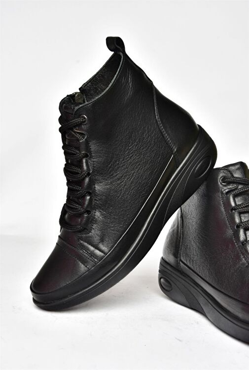 R555001003 Siyah Hakiki Deri Comfort Ortopedik Taban Kadın Bot - Görsel 6