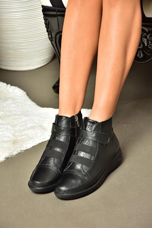 R555001103 Siyah Hakiki Deri Comfort Ortopedik Taban Kadın Bot - Görsel 3