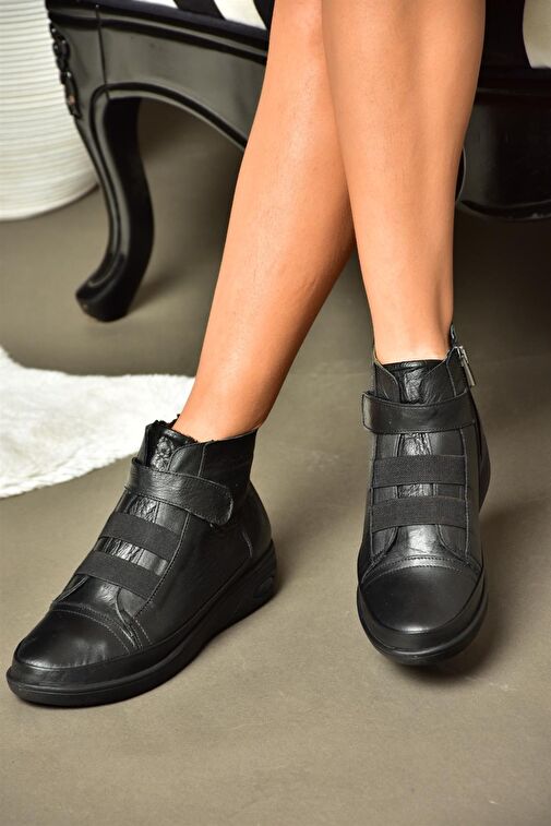 R555001103 Siyah Hakiki Deri Comfort Ortopedik Taban Kadın Bot - Görsel 4