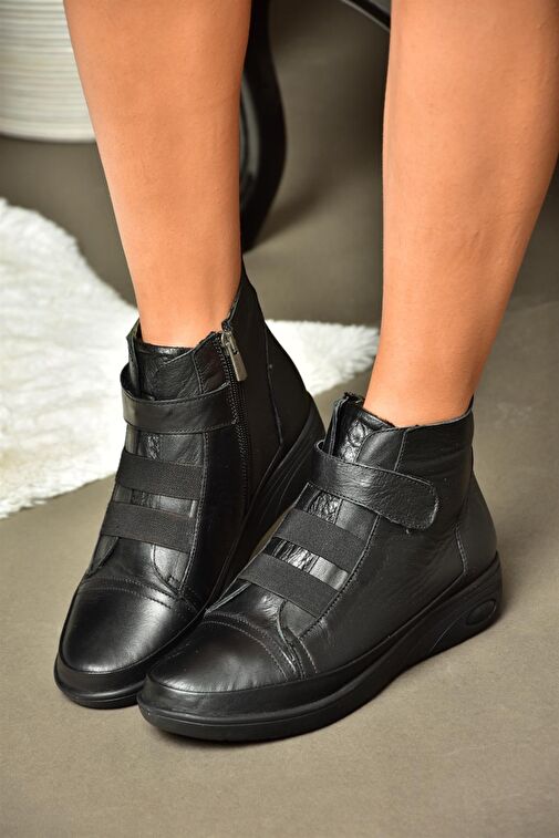R555001103 Siyah Hakiki Deri Comfort Ortopedik Taban Kadın Bot - Görsel 5