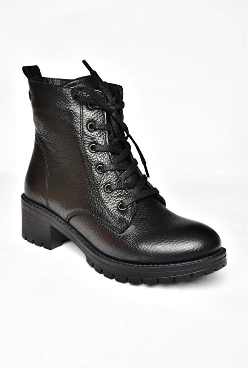 R555054103 Siyah Hakiki Deri Alçak Tabanlı Kadın Postal Bot - Görsel 6