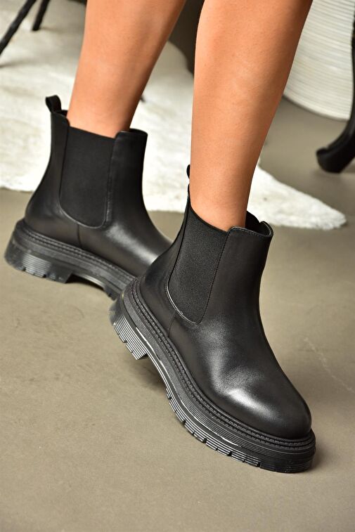 R555235103 Siyah Hakiki Deri Kadın Bot - Görsel 5