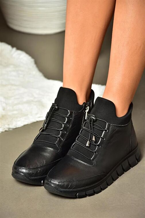 R555301003 Siyah Hakiki Deri Comfort Ortopedik Taban Kadın Bot - Görsel 2