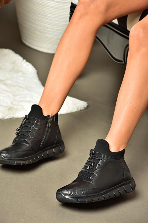 R555301003 Siyah Hakiki Deri Comfort Ortopedik Taban Kadın Bot - Görsel 3